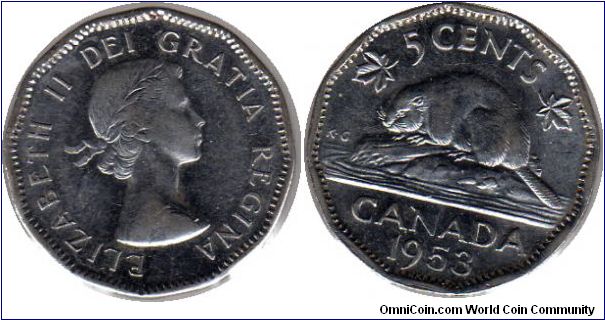 1953 5 cents - Shoulder fold, near maple leaf