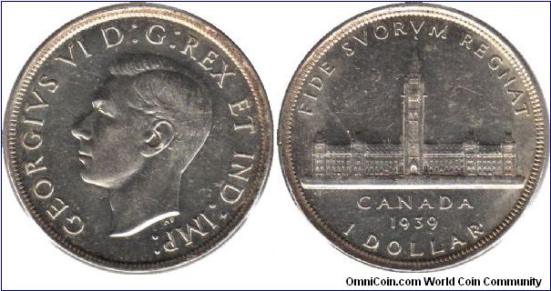 1939 1 Dollar - Parliament Building - FIDE SVORVUM REGNAT (He reigns by the faith of his people) commemorates  the visit of George VI and Queen Elizabeth to Canada