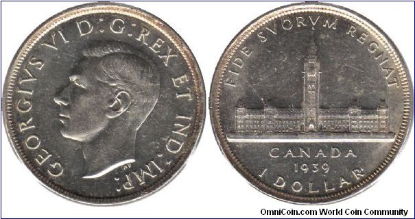 1939 1 Dollar - Parliament Building - FIDE SVORVUM REGNAT (He reigns by the faith of his people) commemorates  the visit of George VI and Queen Elizabeth to Canada