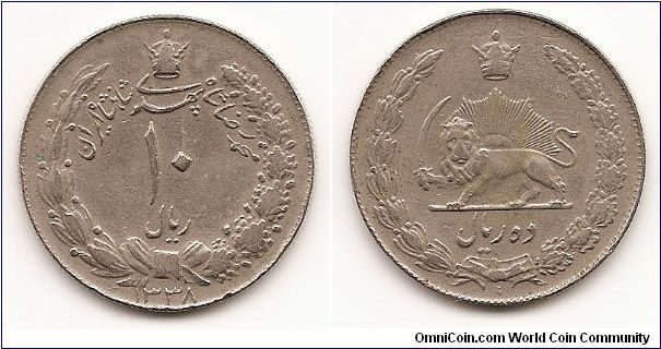 10 Rials
KM#1177
12.0000 g., Copper-Nickel, 31.12 mm. Obv: Crown above value and legend within wreath Obv. Legend:“Muhammad Reza Shah Pahlavi” Rev: Crown above lion and sun within wreath