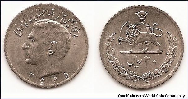 20 Rials
KM#1209
Copper-Nickel Subject: 50th Anniversary of Pahlavi Rule Obv:Head left, legend above, date below Rev: Crown above lion, sun
and numeral value within wreath