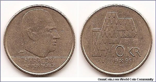 10 Kroner
KM#457
6.8000 g., Copper-Zinc-Nickel Ruler: Harald V Obv: Head right
Rev: Stylized church rooftop, value and date