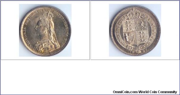Victoria Shilling Jubilee 1887 Spink 3926 Smallhead type. There is a Proof variety as well but I'm not sure if this would fit as that type.