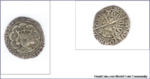 Edward IV second reign halfgroat
Initial Mark Rose, C
on Breast, trefoils on all cusps ( Blunt and Whitton
XVIII ) reverse with
nothing in centre also with Initial mark Rose, (Blunt
and Whitton XIX) and
is also DIG no 1/6