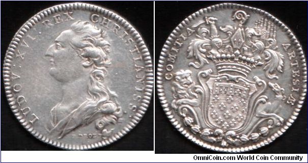 silver jeton issued for Artois. Bust of Louis XVI by Droz. Flan split at 3pm.