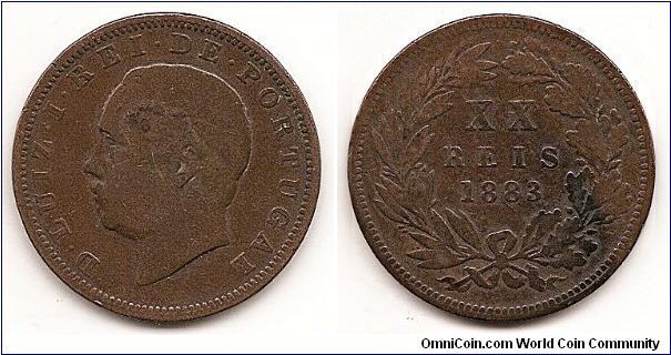 XX Reis
KM#527
Bronze 30.2 mm Obv: Bust of Luis I left