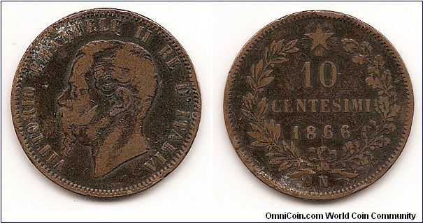 10 Centesimi
KM#11.4
10.0000 g., Copper 30 mm. Ruler: Vittorio Emanuele II