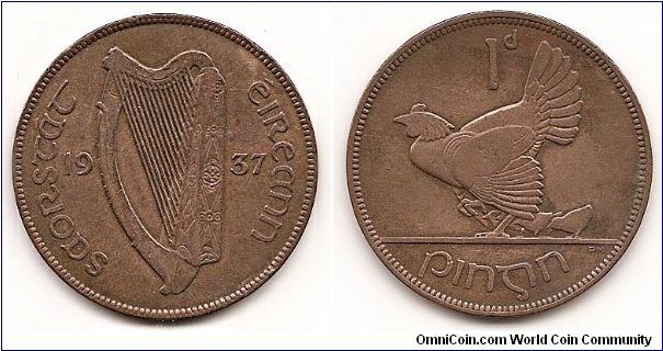 1 Penny
KM#3
9.4500 g., Bronze, 30.9 mm. Obv: Irish harp divides date Obv.
Leg.: SAORSTAT EIREANN (Irish Free State) Rev: Hen with
chicks Edge: Plain