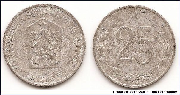 25 Haleru
Czechoslovakia
KM#54
Aluminum, 24 mm. Obv: Czech lion with socialist shield within
shield, date below Rev: Large denomination within linden wreath,
star above Edge: Milled Note: This denomination ceased to be
legal tender in 1972.