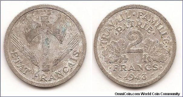 2 Francs
KM#904.1
Aluminum, 27 mm. Obv: Double bit axe, grain sprigs flank Rev:
Oak leaves flank denomination, date below Note: Without mint
mark. Issued for Vichy French State.