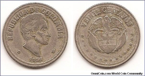 20 Centavos
KM#215.1
Copper-Nickel, 23.4 mm. Obv: Head of Simon Bolivar right, small
date below Rev: Denomination above arms, half circle of stars below