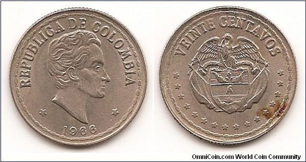 20 Centavos
KM#215.3
Copper-Nickel, 23.4 mm. Obv: Head of Simon Bolivar right, medium
date Rev: Denomination above arms, half circle of stars below