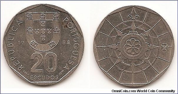 20 Escudos
KM#634
Copper-Nickel, 26.5 mm. Obv: Shield divides date with value
below Rev: Nautical windrose