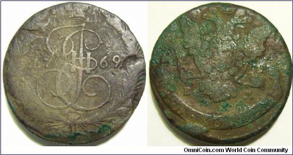 Russia 1769 EM 5 kopeks. Another photograph to illustrate this massive weight coin. 76.4g
