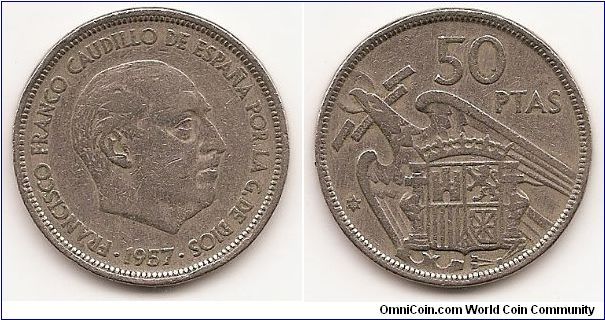 1957(58) 50 Pesetas
KM#788
12.3500 g., Copper-Nickel, 30 mm. Ruler: Caudillo and regent
Obv: Head right Rev: Crowned shield within flying bird, UNA
GRANDE LIBRE
