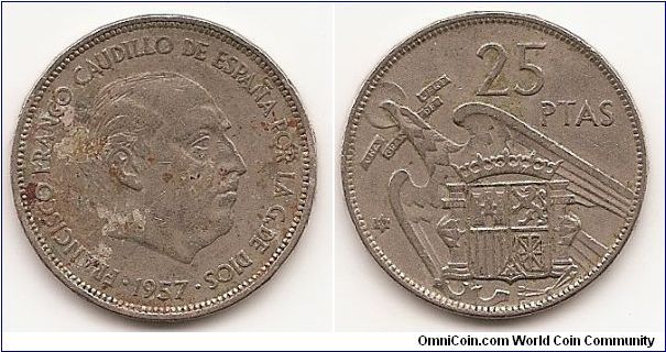 25 Pesetas
KM#787
8.5000 g., Copper-Nickel, 26.5 mm. Ruler: Caudillo and regent Obv: Head right Rev: Crowned shield within flying bird Edge Lettering: UNA GRANDE LIBRE 