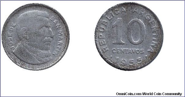 Argentina, 10 centavos, 1955, Ni-Steel, Jose de San Martin.                                                                                                                                                                                                                                                                                                                                                                                                                                                         