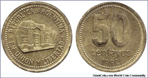 Argentina, 50 centavos, 1992, Brass, Tucuman Province Capital Building.                                                                                                                                                                                                                                                                                                                                                                                                                                             