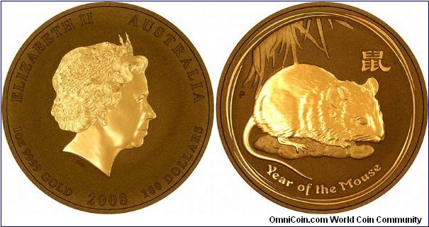 Arrived in stock today. The new 2008 Year of the Rat one ounce gold bullion coin, although the Perth Mint call it a mouse, probably because mice sounds cuter and cuddlier than rats. This is the first coin of the second series of Chinese Lunar Calendar gold coins from Perth Mint. All reverses are identical, while the obverse shows the weight and denomination.