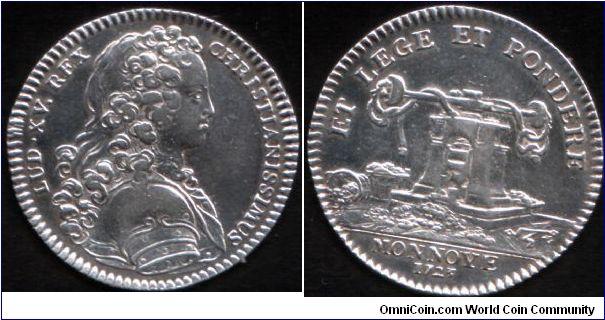 Jeton struck for the Moneyers at Paris Mint. Young bust of `the most Christian' Louis XV obverse, with minting press reverse.