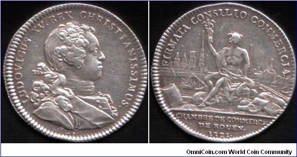 silver jeton struck for Rouen Chamber of Commerce. This jeton bears a youthfull bust of Louis XV by Roetier. Reverse shopws harbour scene and Mercury. This is the third different bust type I have found for that year.