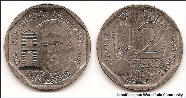 2 Francs
KM#1119
7.5000 g., Nickel, 26.5 mm. Obv: Head of Louis Pasteur facing,
building at left Rev: Denomination to right of bottles, date below