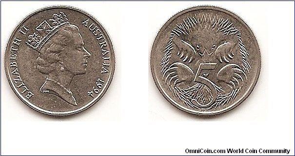 5 Cents
KM#80
2.8000 g., Copper-Nickel, 19.25 mm. Ruler: Elizabeth II Obv:
Crowned head right Rev: Short-beaked Spiny Anteater Edge:
Reeded