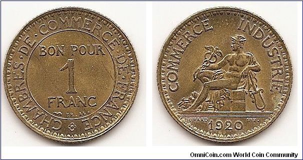 1 Franc
KM#876
4.0000 g., Aluminum-Bronze, 23 mm. Rev: Mercury seated left
Edge: Reeded Note: Without mint mark. Chamber of Commerce.