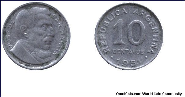 Argentina, 10 centavos, 1951, Cu-Ni, reeded edge, Jose de San Martin.                                                                                                                                                                                                                                                                                                                                                                                                                                               