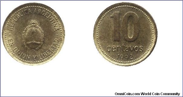 Argentina, 10 centavos, 1992, Al-Bronze, En Union y libertad, Republica Argentina.                                                                                                                                                                                                                                                                                                                                                                                                                                  