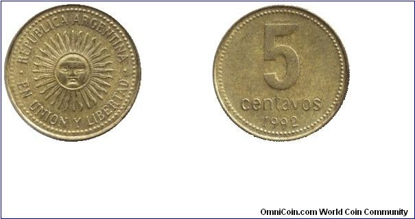 Argentina, 5 centavos, 1992, Brass, Radiant surface.                                                                                                                                                                                                                                                                                                                                                                                                                                                                
