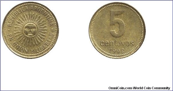 Argentina, 5 centavos, 1992, Brass, Radiant surface.                                                                                                                                                                                                                                                                                                                                                                                                                                                                