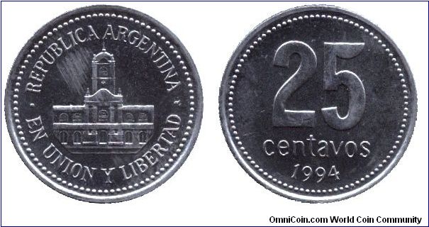 Argentina, 25 centavos, 1994, Towered Building.                                                                                                                                                                                                                                                                                                                                                                                                                                                                     