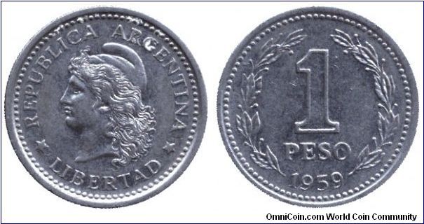 Argentina, 1 peso, 1959, Ni-Steel, Libertad.                                                                                                                                                                                                                                                                                                                                                                                                                                                                        