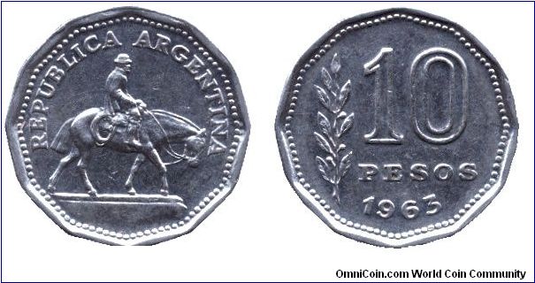 Argentina, 10 pesos, 1963, Ni-Steel, Gaucho.                                                                                                                                                                                                                                                                                                                                                                                                                                                                        