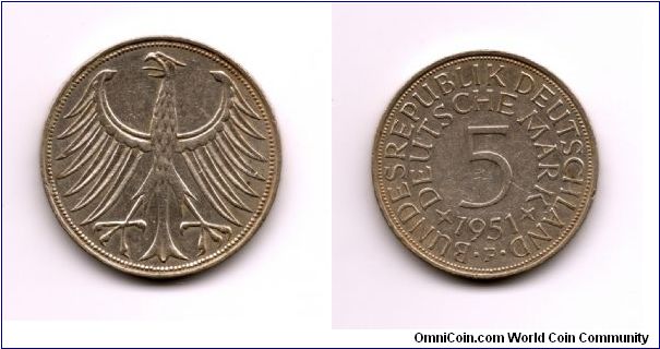 Five Mark Coin From West Germany. Edge inscription reads as Einickett Und Recht Und Freiheit