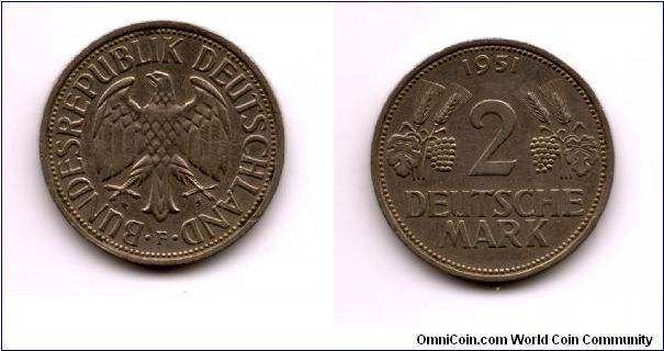 West German Two Mark Coin 1951 Has an edge inscription that reads as Einickett Und Recht Und Freiheit