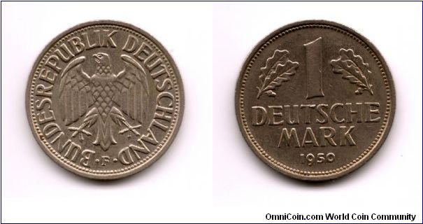 West Germany One Mark Coin 1950 Edge has a scroll like device as decoration no motto.