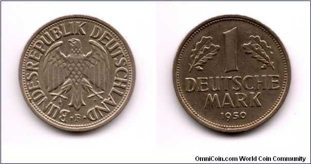 West Germany One Mark Coin 1950 Edge has a scroll like device as decoration no motto.