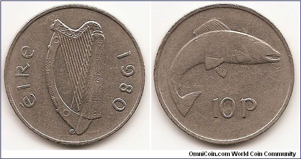 10 Pence
KM#23
11.3200 g., Copper-Nickel, 28.5 mm. Obv: Irish harp Rev:
Salmon Edge: Reeded