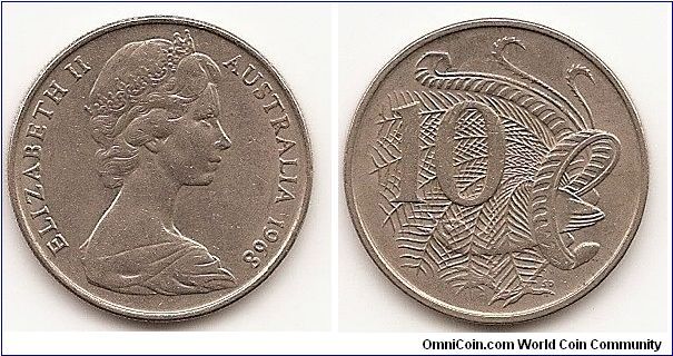 10 Cents
KM#65
5.6500 g., Copper-Nickel, 23.6 mm. Ruler: Elizabeth II Obv:
Young bust right Rev: Superb Lyre-bird Note: For 1966 dated
examples, 11 spikes on the left Lyre-bird indicates a strike from
Canberra, 12 spikes indicate a London strike.