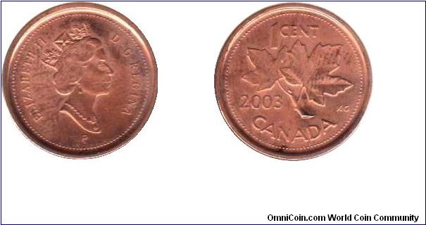 2003 P 1 cent with diadem obverse. - In Canadian coins the P mark is not a mint mark as such, but designates a coin made in the new way (zinc or steel core with a plating of Copper or nickel)