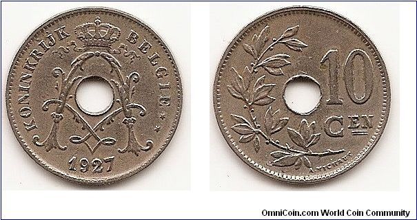 10 Centimes
KM#86
Copper-Nickel, 22 mm. Obv: Center hole within crowned
monogram, date below, legend in Dutch Obv. Leg.: BELGIE Rev:
Spray of leaves to left of center hole, denomination to right, plain
field above 10 Edge: Plain