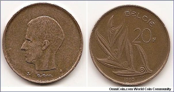 20 Francs
KM#160
8.5000 g., Nickel-Bronze, 25.65 mm. Obv: Head, left Rev:
Denomination at right above stylized spray, legend in Dutch Rev.
Leg.: BELGIE