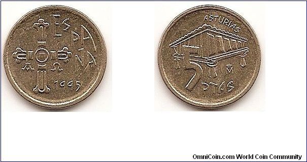 5 Pesetas
KM#946
Aluminum-Bronze, 17.5 mm. Ruler: Juan Carlos I Subject:
Asturias Obv: Cross and date Rev: Value and design Edge: Plain