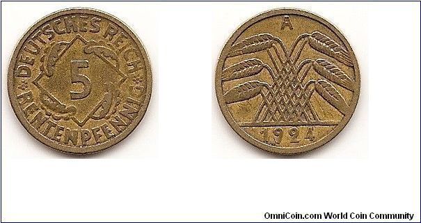 5 Rentenpfennig
Weimar Republic
KM#32
2.5400 g., Aluminum-Bronze Obv: Denomination within square,
oak leaf on each side Rev: Six grain sprigs form center triangle
above date