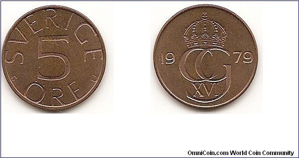 5 Ore
KM#849
Copper-Tin-Zinc, 18 mm. Ruler: Carl XVI Gustaf Obv: Value Rev:
Crowned monogram divides date Edge: Plain