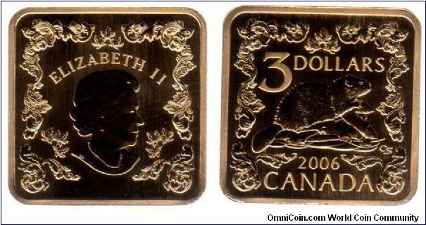 3 Dollars - Canada's only square coin. Inspired by trade tokens used in the 17th and 18th centuries. The coin is made of sterling silver and plated in 24K gold.