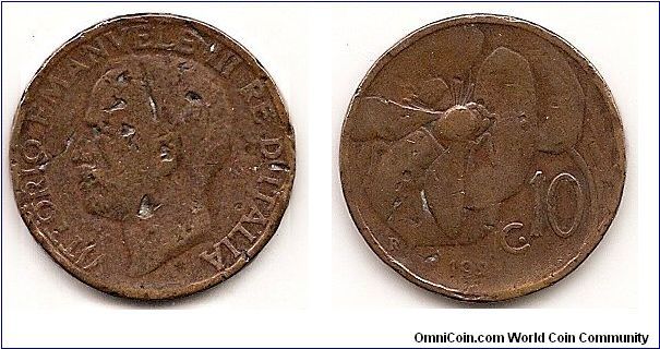 10 Centesimi
KM#60
5.3400 g., Copper, 23 mm. Ruler: Vittorio Emanuele III Obv:
Head left Rev: Honey Bee