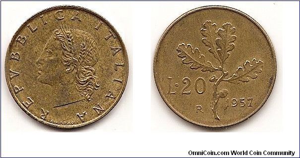 20 Lire
KM#97.1
3.6000 g., Aluminum-Bronze, 21.25 mm. Obv: Wheat sprigs
within head left Rev: Oak leaves divide value and date